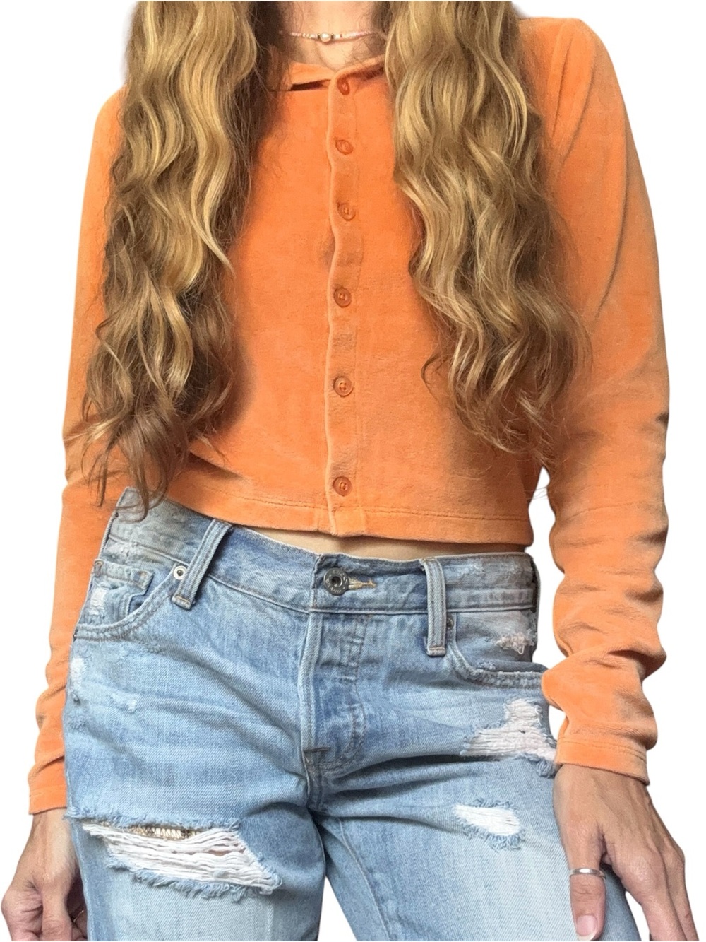 Vintage Urban Outfitters Orange Velvet Cropped Button-Down Shirt